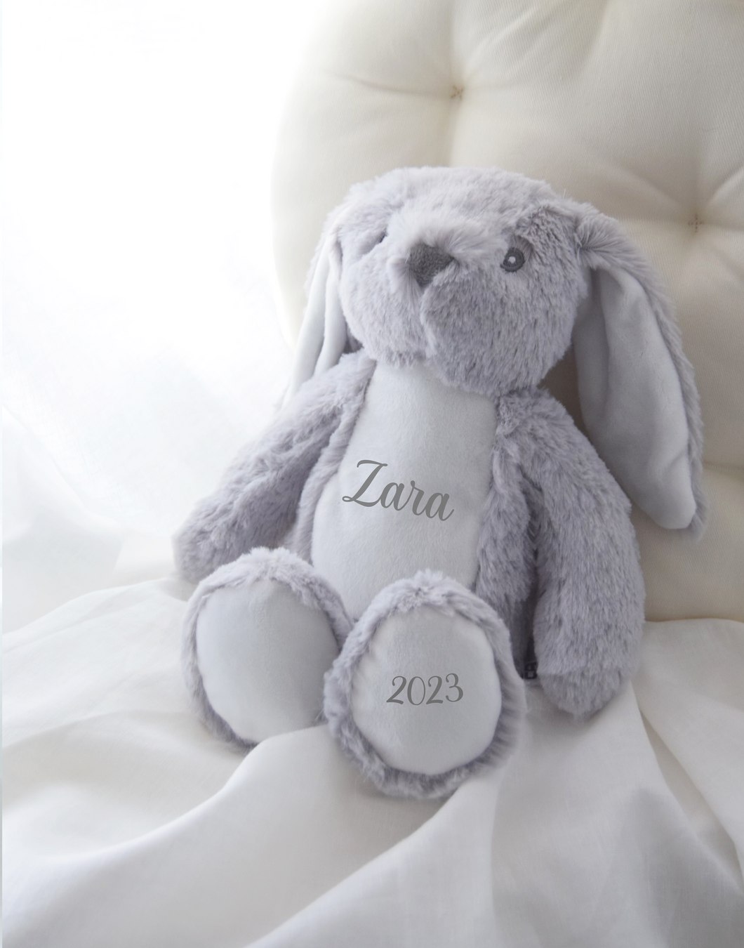 Personalised Name & Date Baby Bunny Teddy - Grey